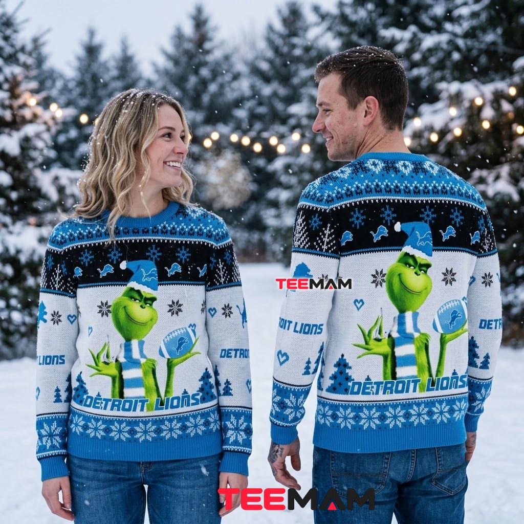 Detroit Lions Ugly Sweater Christmas Grinch Football White