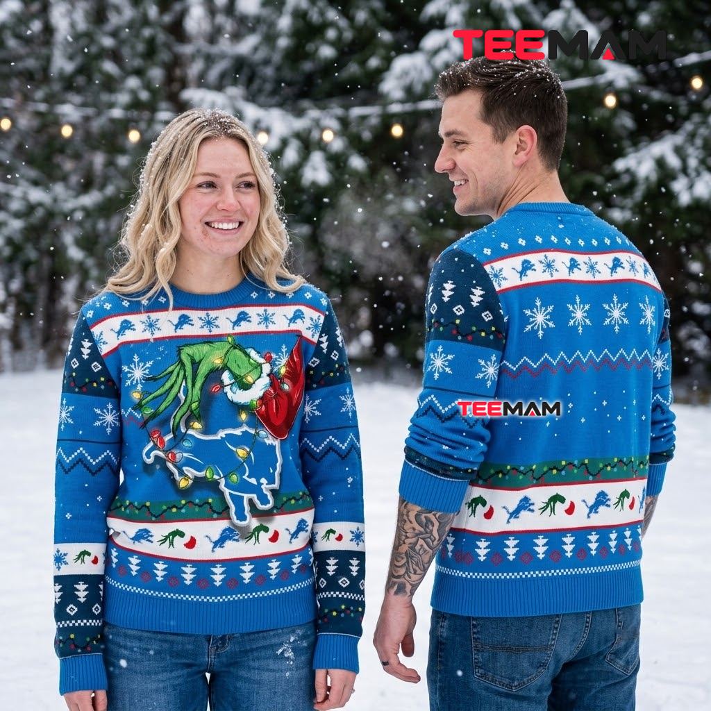 Detroit Lions Ugly Sweater Christmas Grinch Hand Lion Logo Christmas Lights