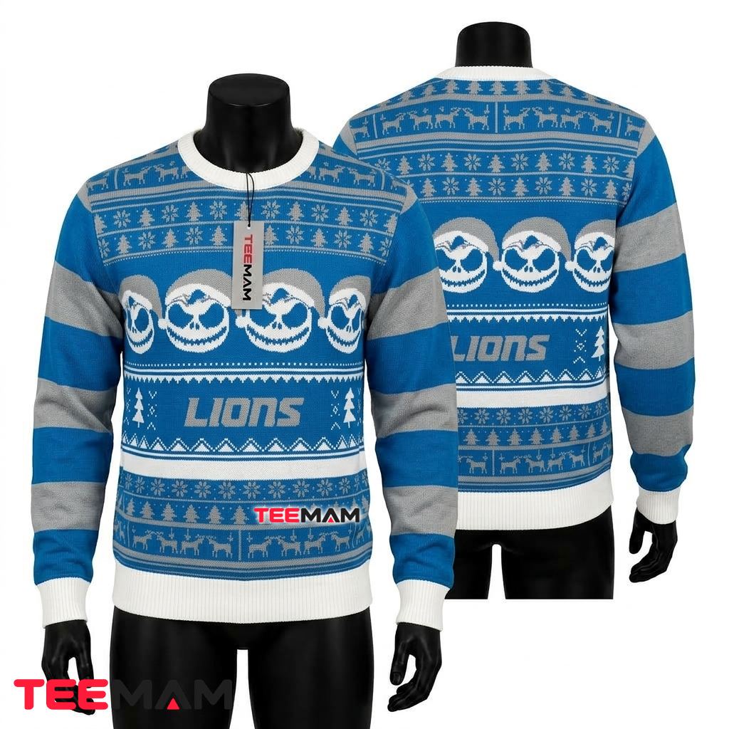 Detroit Lions Ugly Sweater Christmas Jack Skellington Santa Hat Striped Front