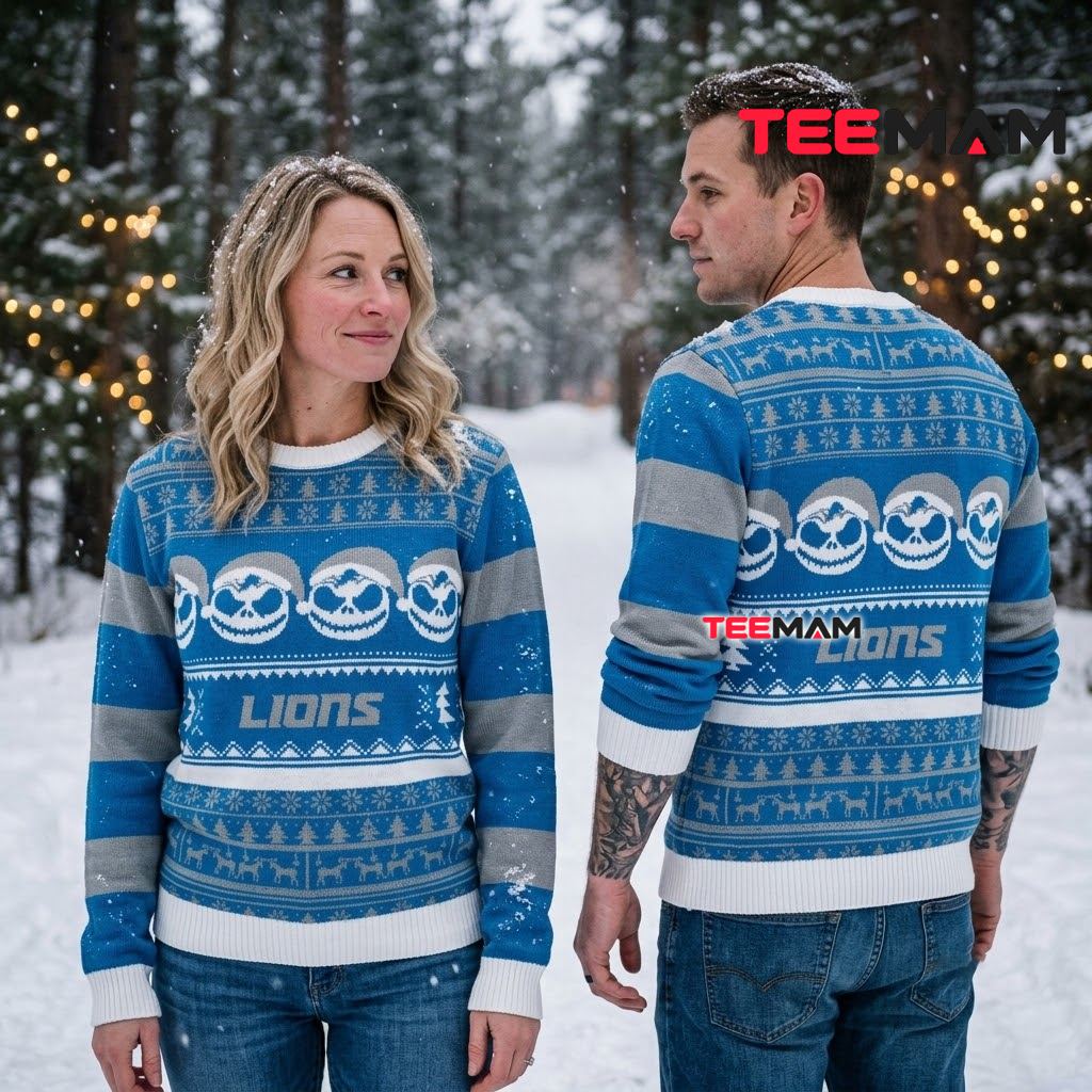 Detroit Lions Ugly Sweater Christmas Jack Skellington Santa Hat Striped Back Detroit Lions Ugly Sweater Christmas Jack Skellington Santa Hat Striped Back