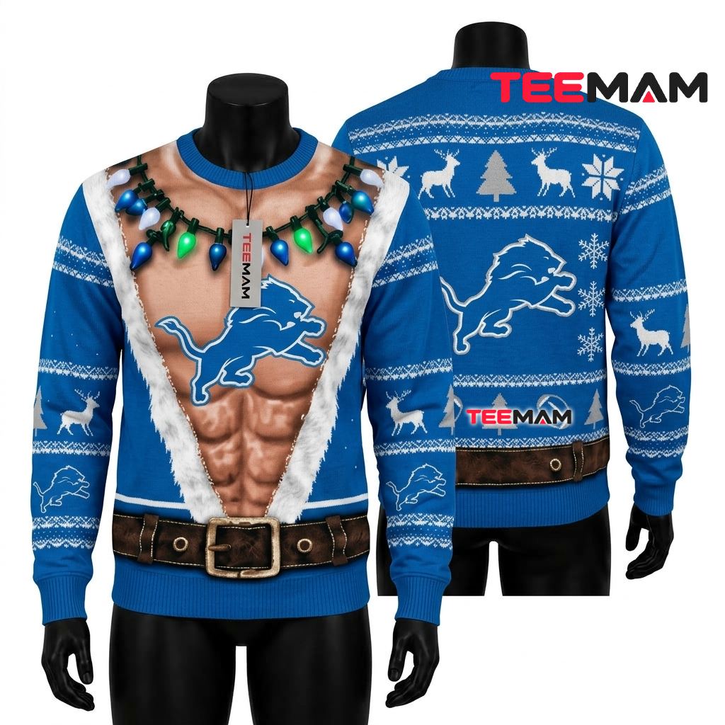 Detroit Lions Ugly Sweater Christmas Muscle Chest Santa Costume Lion Logo Front
