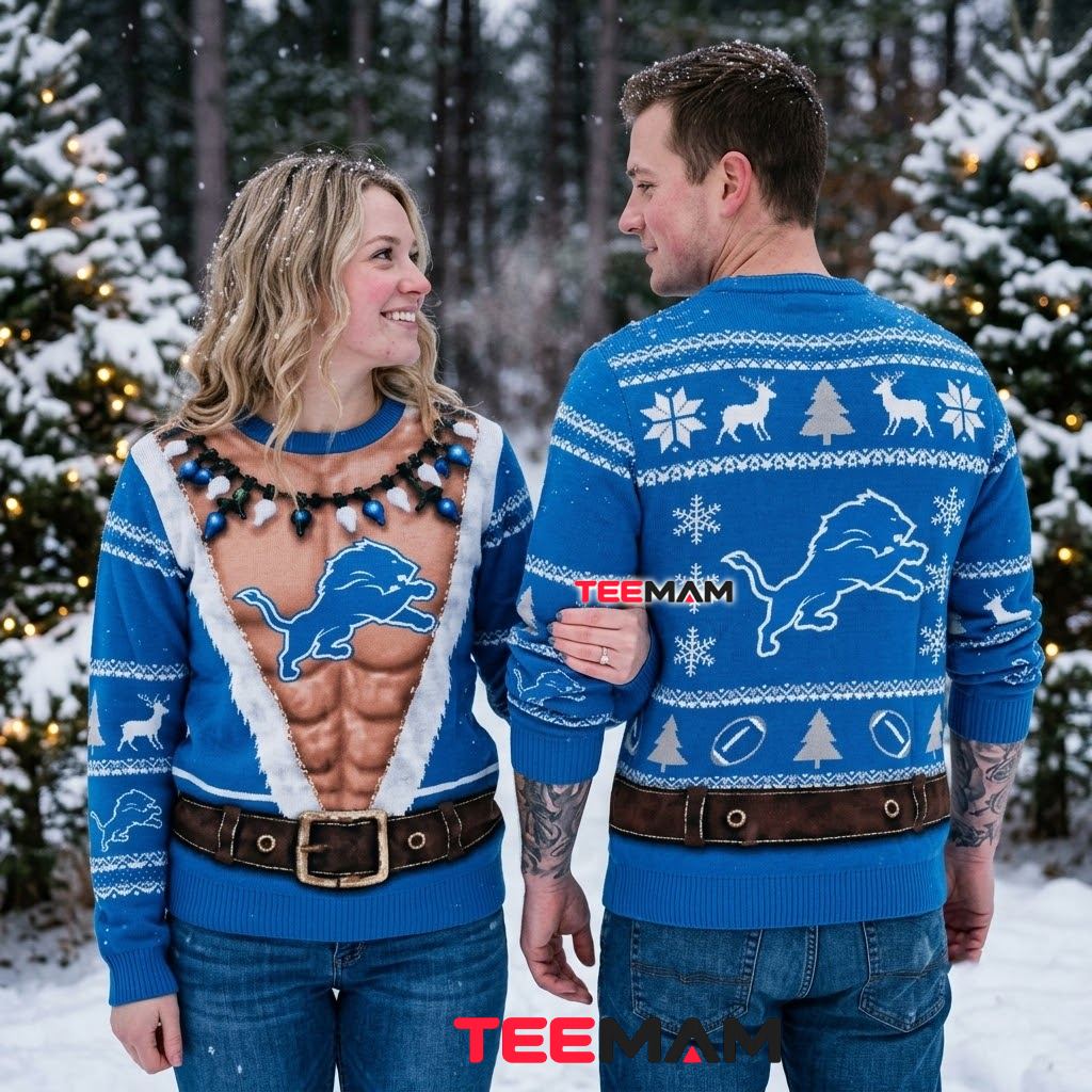 Detroit Lions Ugly Sweater Christmas Muscle Chest Santa Costume Lion Logo Back Detroit Lions Ugly Sweater Christmas Muscle Chest Santa Costume Lion Logo Back