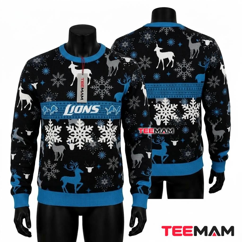 Detroit Lions Ugly Sweater Christmas Reindeer Snowflake Front