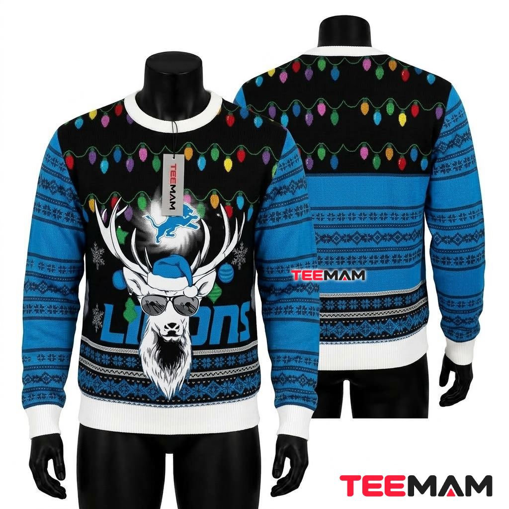 Detroit Lions Ugly Sweater Christmas Reindeer Sunglasses Christmas Lights Front
