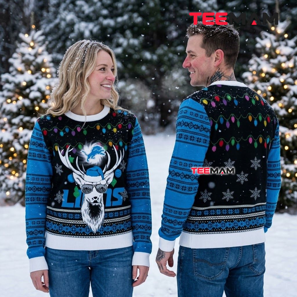 Detroit Lions Ugly Sweater Christmas Reindeer Sunglasses Christmas Lights Back Detroit Lions Ugly Sweater Christmas Reindeer Sunglasses Christmas Lights Back