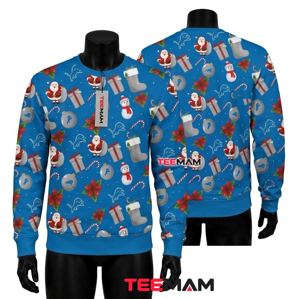 Detroit Lions Ugly Sweater Christmas Santa Snowman Poinsettia Pattern Front