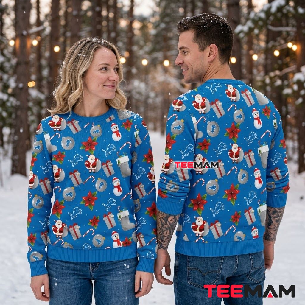 Detroit Lions Ugly Sweater Christmas Santa Snowman Poinsettia Pattern Back Detroit Lions Ugly Sweater Christmas Santa Snowman Poinsettia Pattern Back