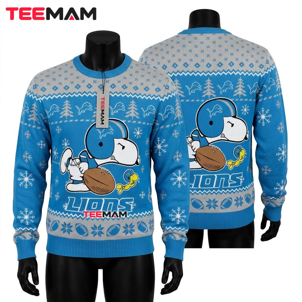 Detroit Lions Ugly Sweater Christmas Snoopy Woodstock Football Helmet Front