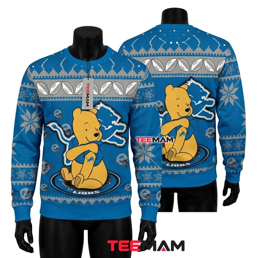 Detroit Lions Ugly Sweater Christmas Winnie The Pooh Lion Logo Front