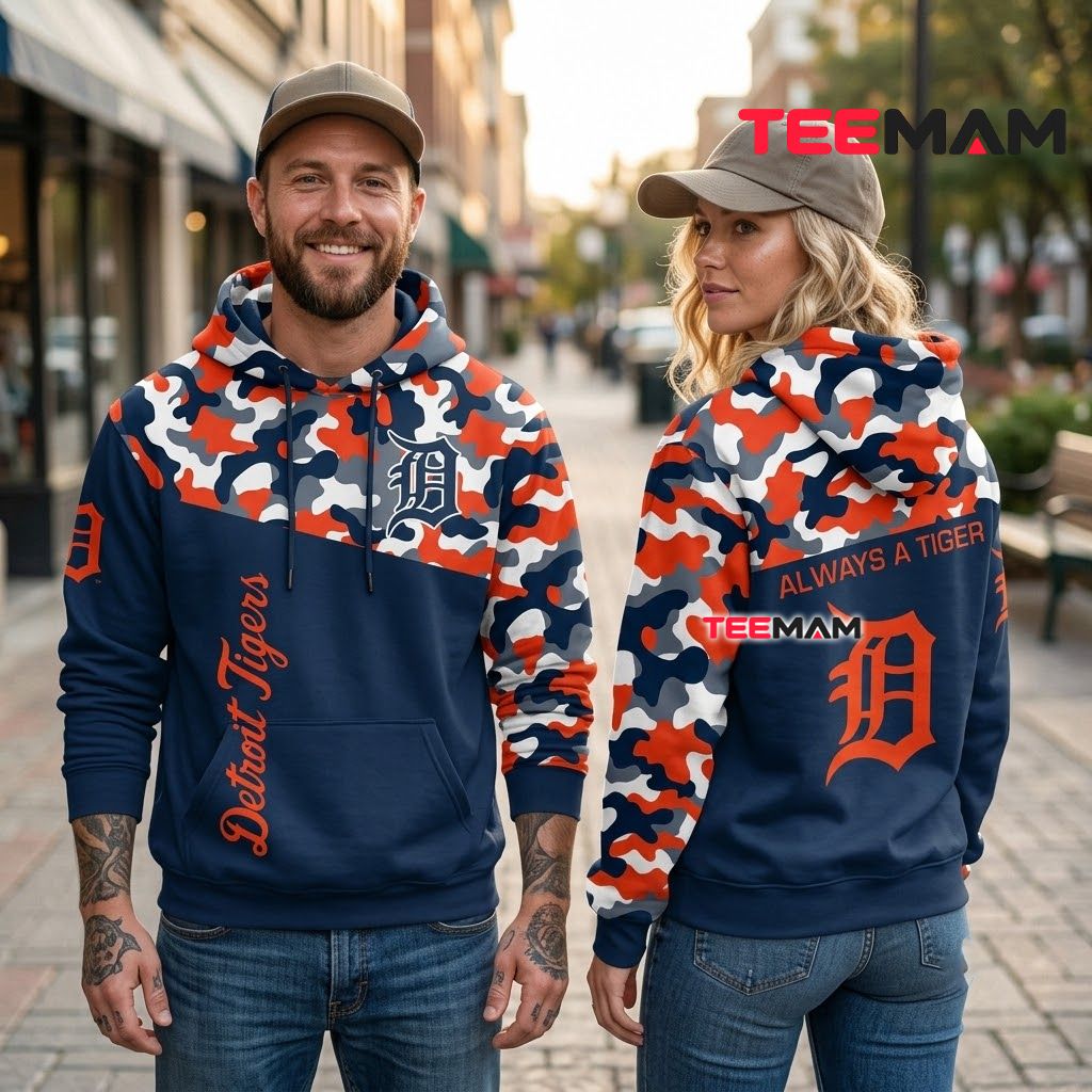 Detroit Tigers 3D Hoodie Always A Tiger Camouflage Navy Orange Back Detroit Tigers 3D Hoodie Always A Tiger Camouflage Navy Orange Back