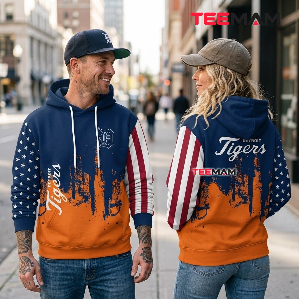 Detroit Tigers 3D Hoodie American Flag Sleeve Splatter Navy Orange Back Detroit Tigers 3D Hoodie American Flag Sleeve Splatter Navy Orange Back