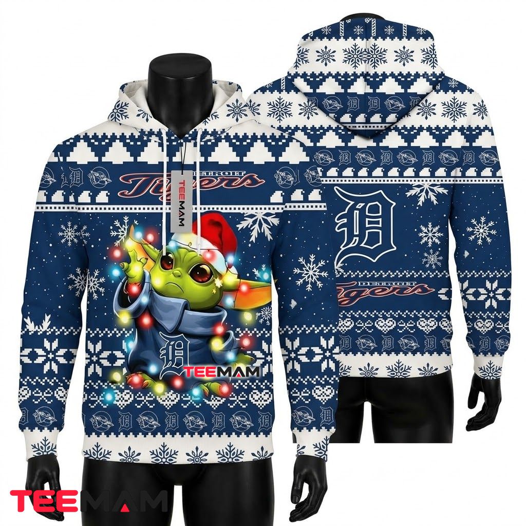Detroit Tigers 3D Hoodie Baby Yoda Christmas Lights Front