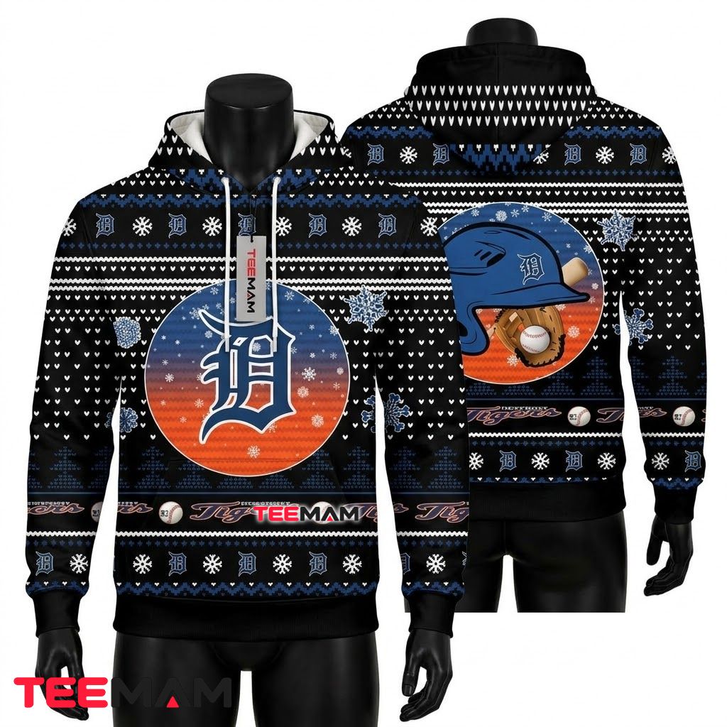 Detroit Tigers 3D Hoodie Batting Helmet Christmas Snowflake Front