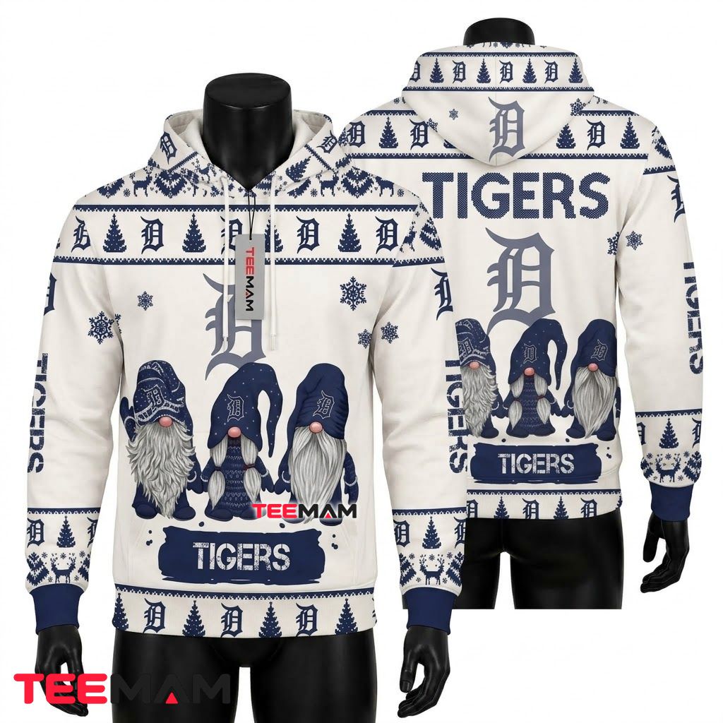Detroit Tigers 3D Hoodie Christmas Gnome Trio White Front