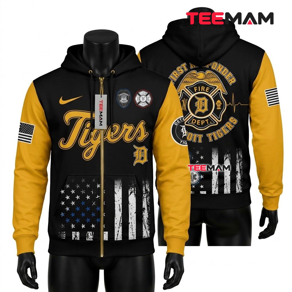 Detroit Tigers 3D Hoodie First Responder Fire Badge Black Yellow Front