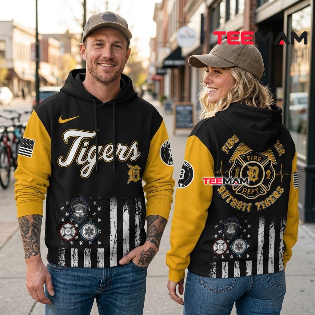 Detroit Tigers 3D Hoodie First Responder Fire Badge Black Yellow Back Detroit Tigers 3D Hoodie First Responder Fire Badge Black Yellow Back