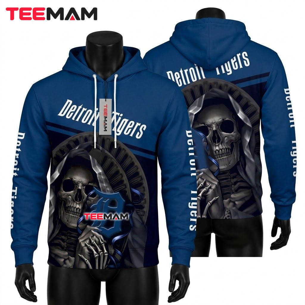 Detroit Tigers 3D Hoodie Grim Reaper Skull Navy Front