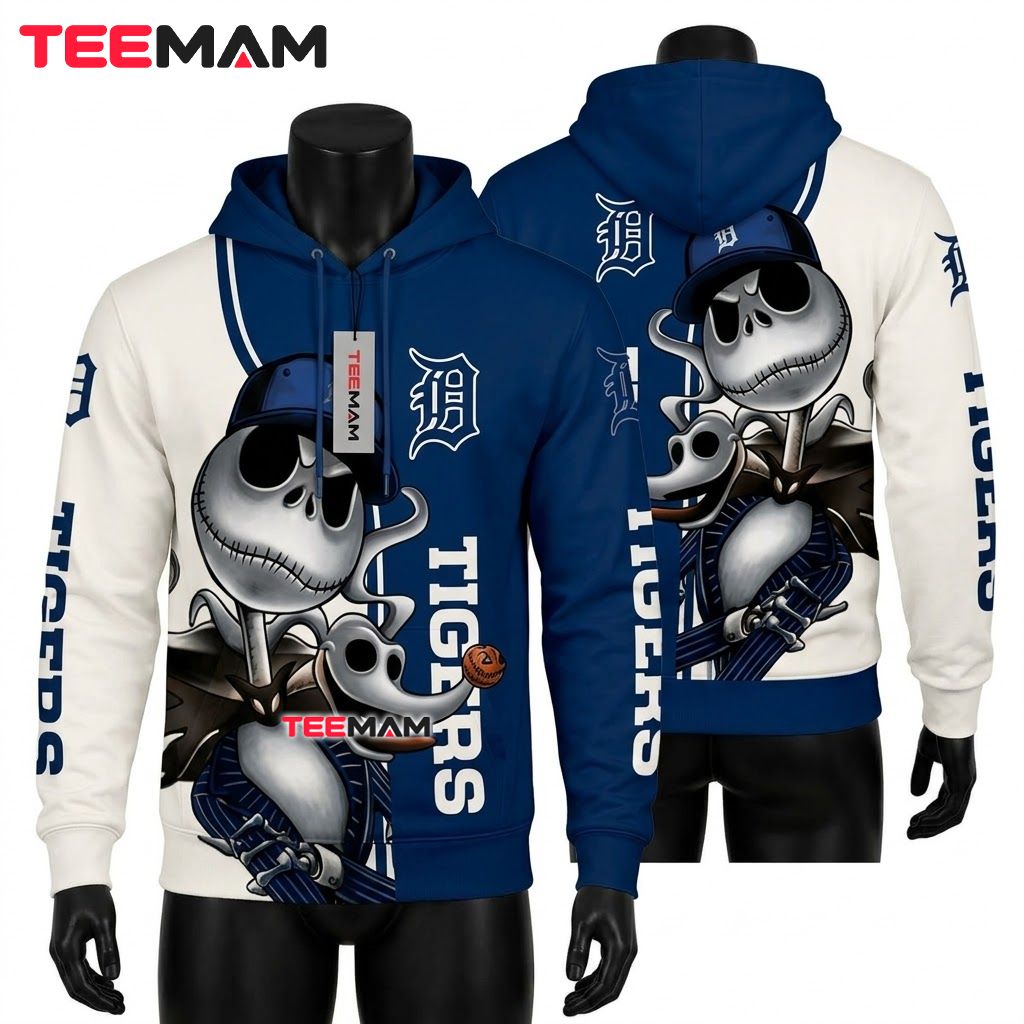Detroit Tigers 3D Hoodie Jack Skellington Blue White Split Front
