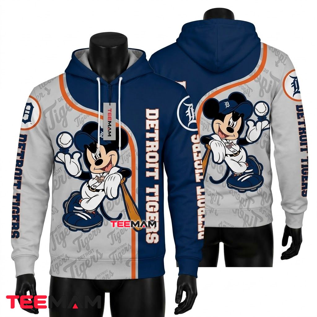 Detroit Tigers 3D Hoodie Mickey Mouse Baseball Blue White Split Front