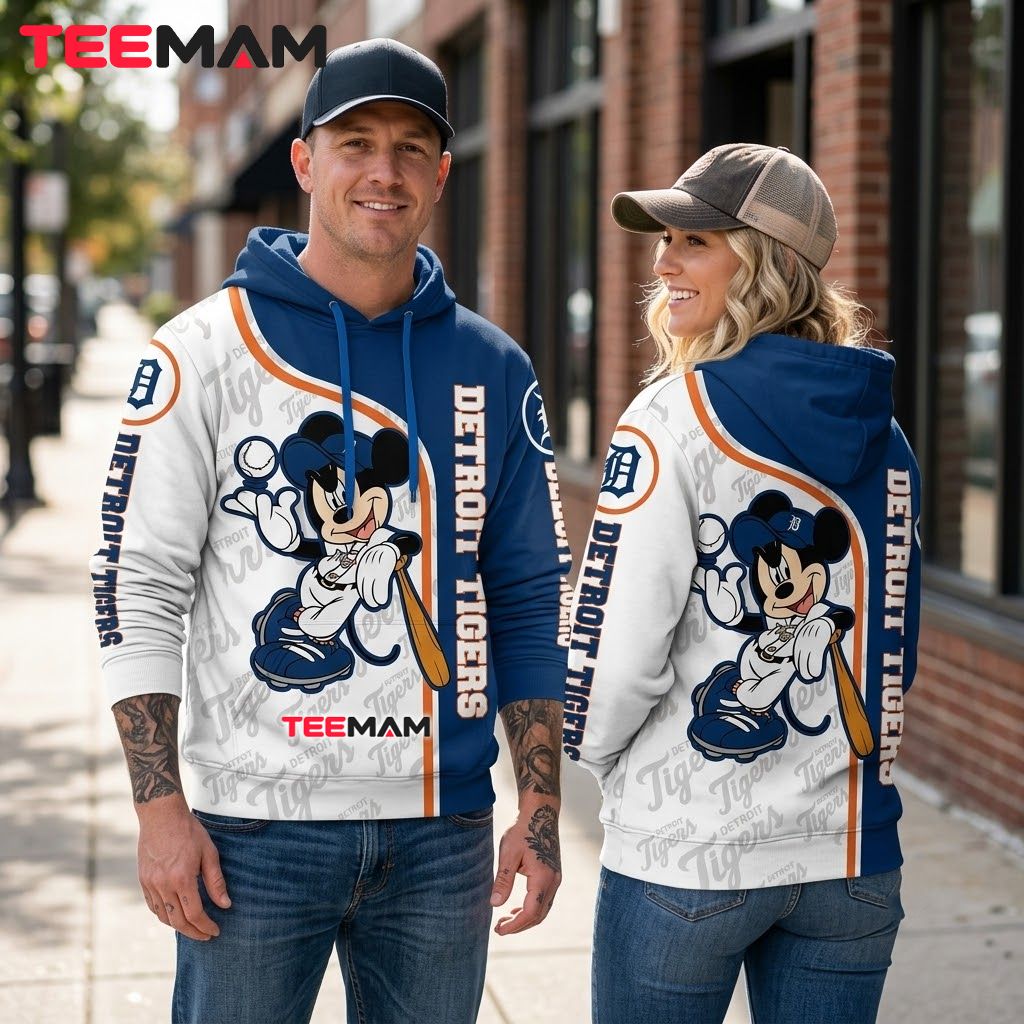 Detroit Tigers 3D Hoodie Mickey Mouse Baseball Blue White Split Back Detroit Tigers 3D Hoodie Mickey Mouse Baseball Blue White Split Back