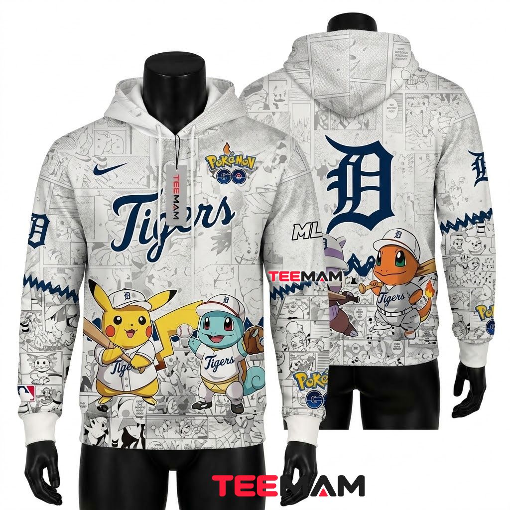 Detroit Tigers 3D Hoodie Pokemon Pikachu Squirtle White Front