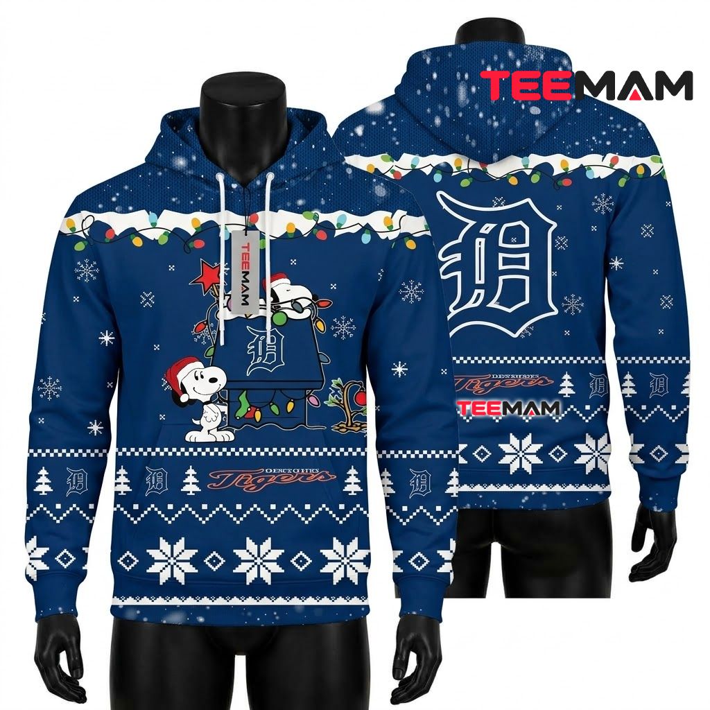 Detroit Tigers 3D Hoodie Snoopy Doghouse Christmas Lights Front