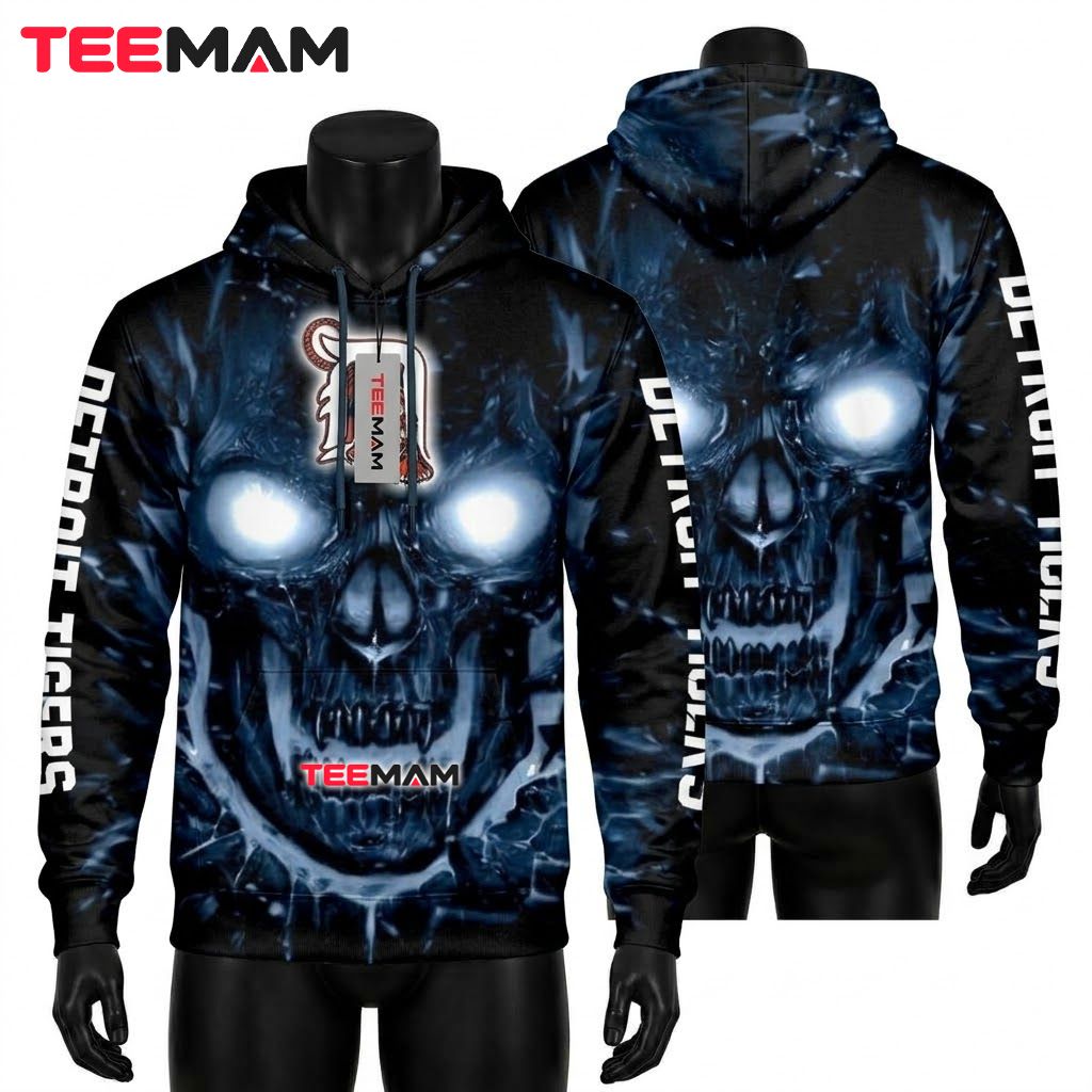 Detroit Tigers All Over Print 3D Hoodie Ice Skull Glowing Eyes Front