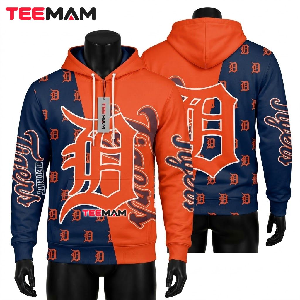 Detroit Tigers All Over Print 3D Hoodie Old English D Navy Orange Split Front