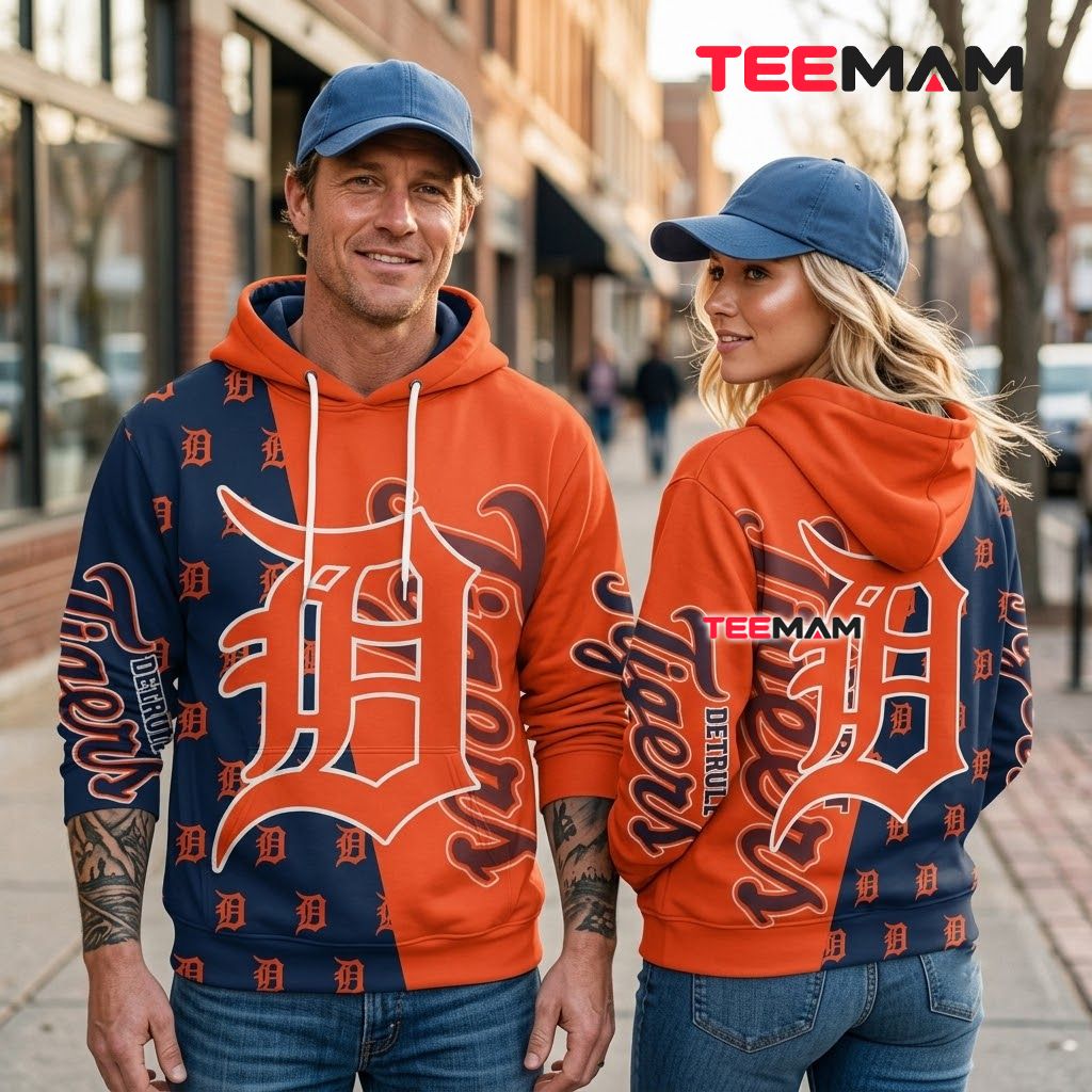 Detroit Tigers All Over Print 3D Hoodie Old English D Navy Orange Split Back Detroit Tigers All Over Print 3D Hoodie Old English D Navy Orange Split Back