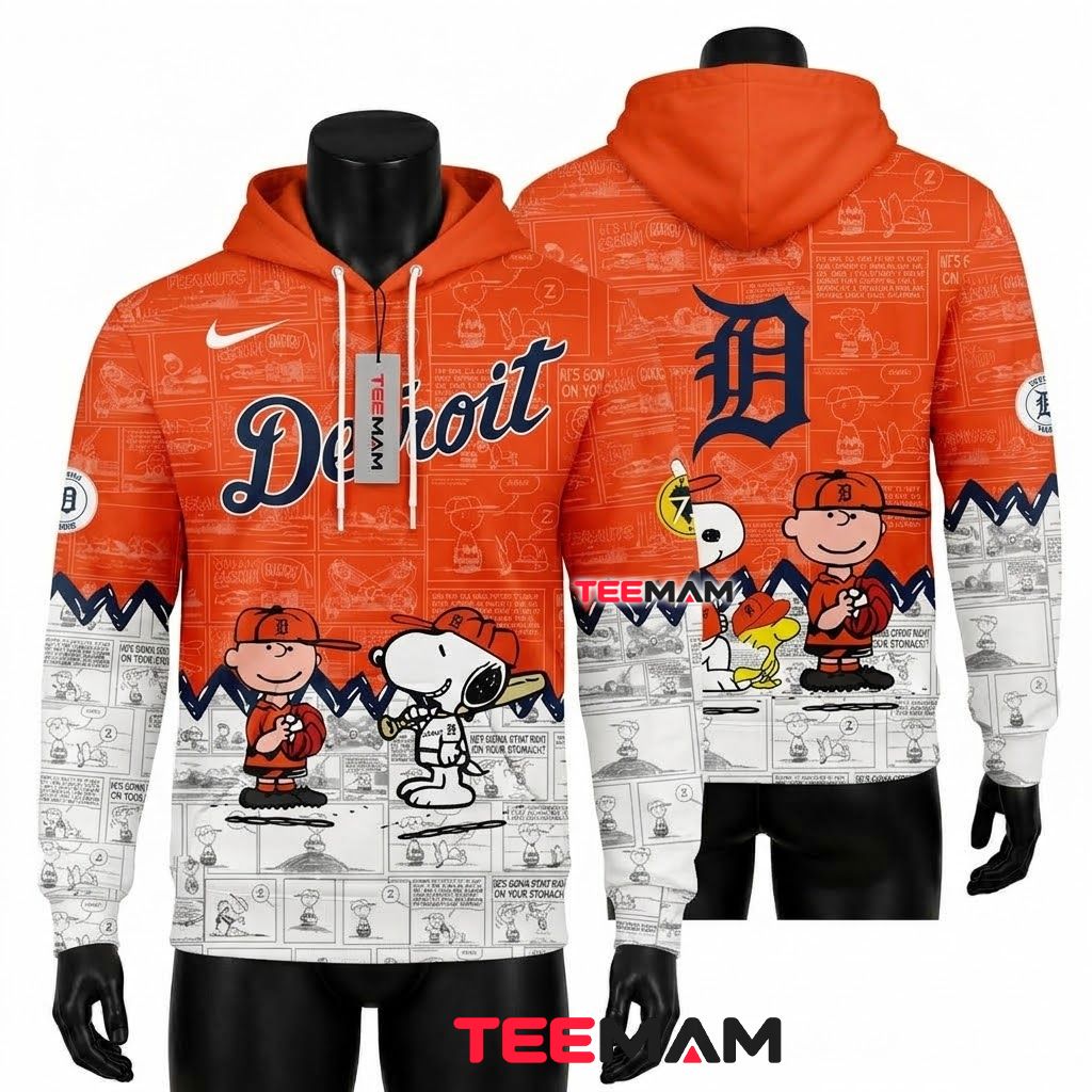Detroit Tigers All Over Print 3D Hoodie Snoopy Charlie Brown Comic Strip Front