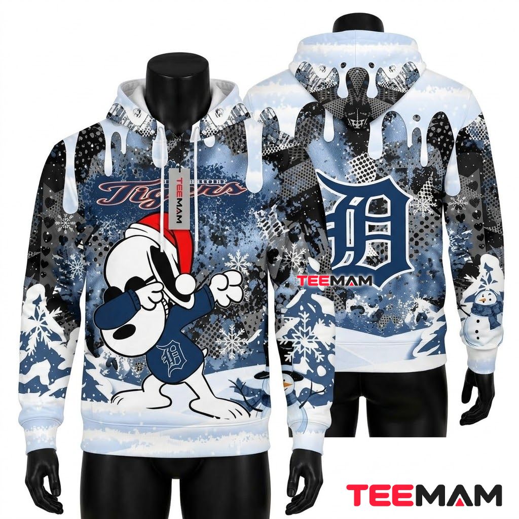 Detroit Tigers All Over Print 3D Hoodie Snoopy Dabbing Christmas Snowflake Front