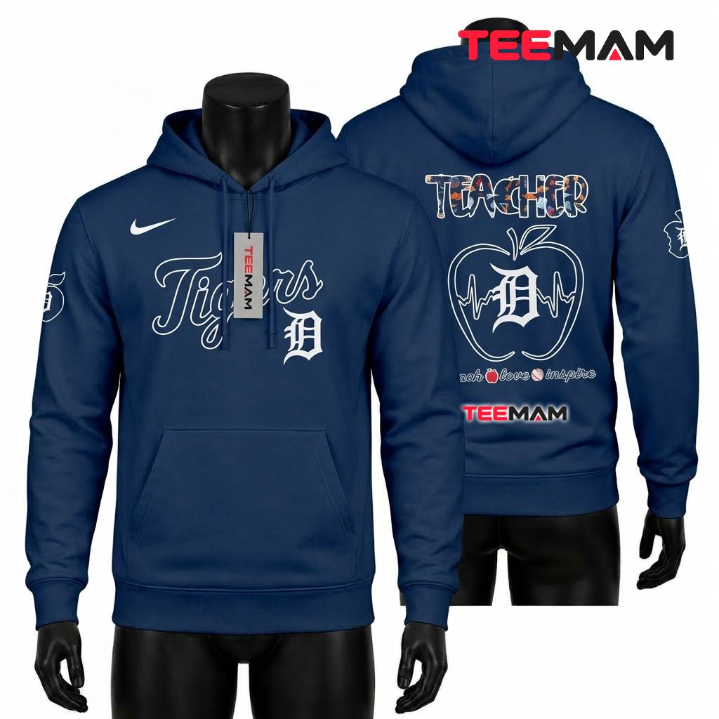 Detroit Tigers All Over Print 3D Hoodie Teacher Apple Heartbeat Navy Front