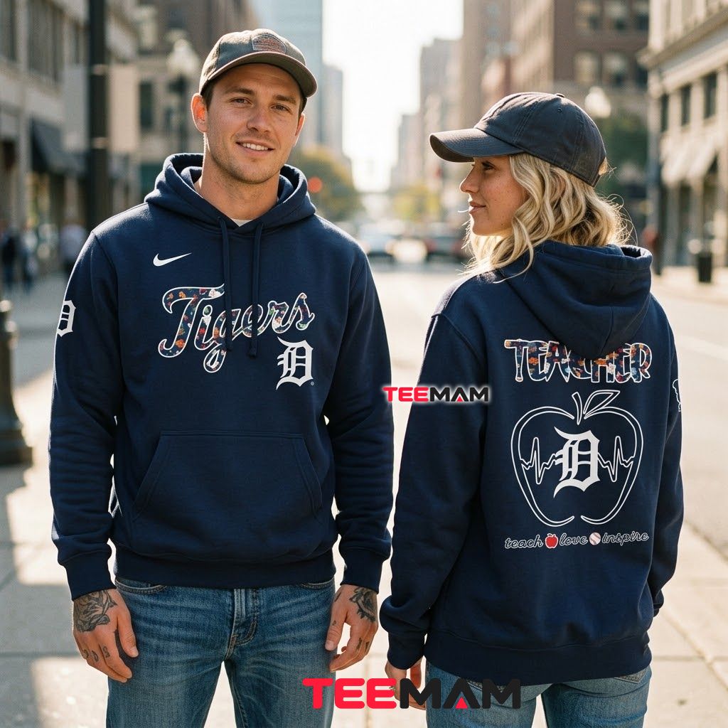 Detroit Tigers All Over Print 3D Hoodie Teacher Apple Heartbeat Navy Back Detroit Tigers All Over Print 3D Hoodie Teacher Apple Heartbeat Navy Back
