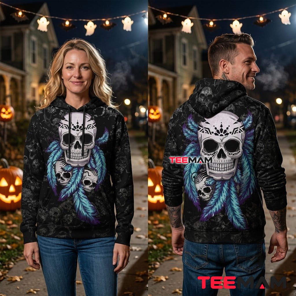 Feather Skull Halloween 3D Hoodie Back Feather Skull Halloween 3D Hoodie Back