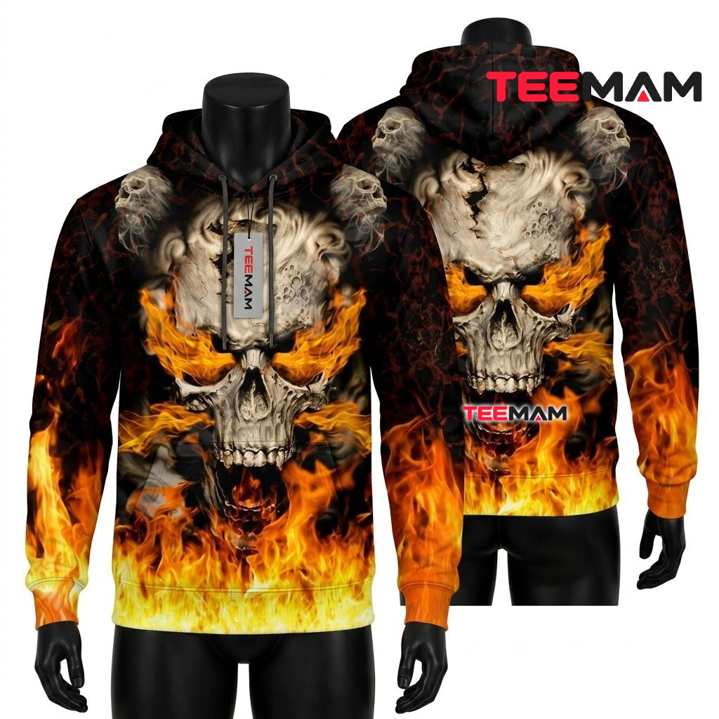 Flaming Skull Fire 3D Hoodie Front