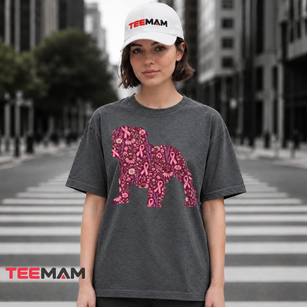 Floral Bulldog Silhouette Pink Ribbon Awareness T-Shirt