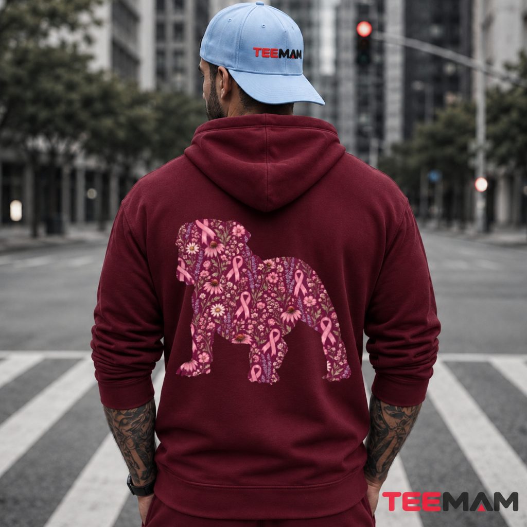 Floral Bulldog Silhouette Pink Ribbon Awareness Hoodie Floral Bulldog Silhouette Pink Ribbon Awareness Hoodie