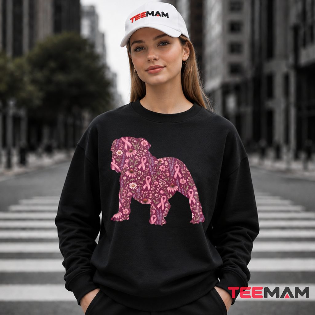 Floral Bulldog Silhouette Pink Ribbon Awareness Long Sleeve Floral Bulldog Silhouette Pink Ribbon Awareness Long Sleeve