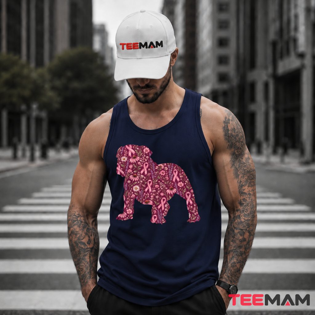 Floral Bulldog Silhouette Pink Ribbon Awareness Tank Top Floral Bulldog Silhouette Pink Ribbon Awareness Tank Top