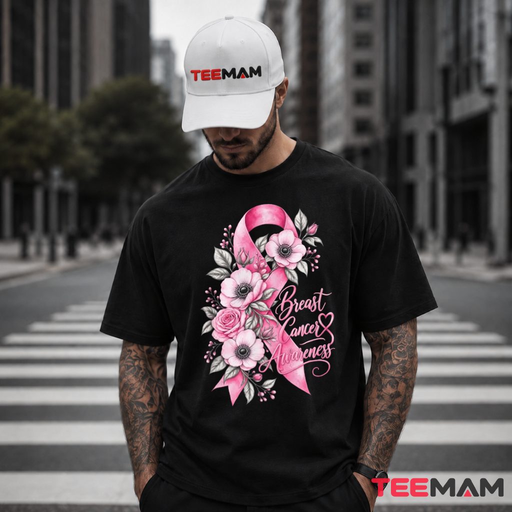 Floral Roses Ribbon Breast Cancer Awareness T-Shirt