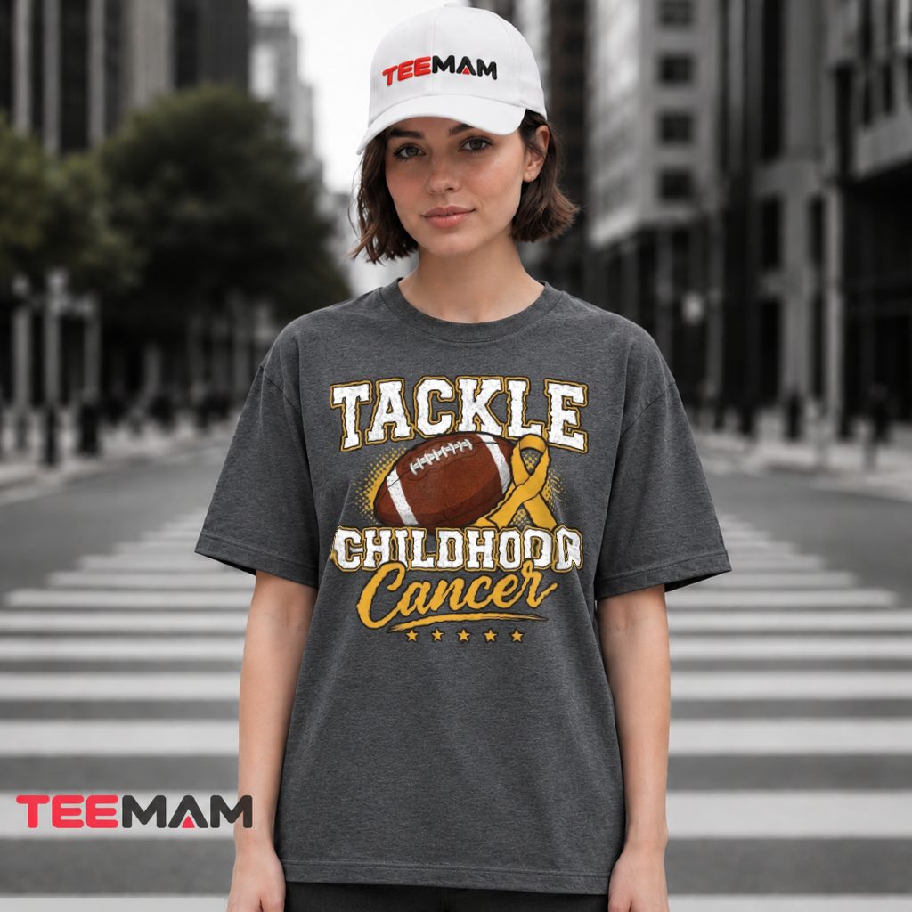 Football Gold Ribbon Tackle Childhood Cancer T-Shirt