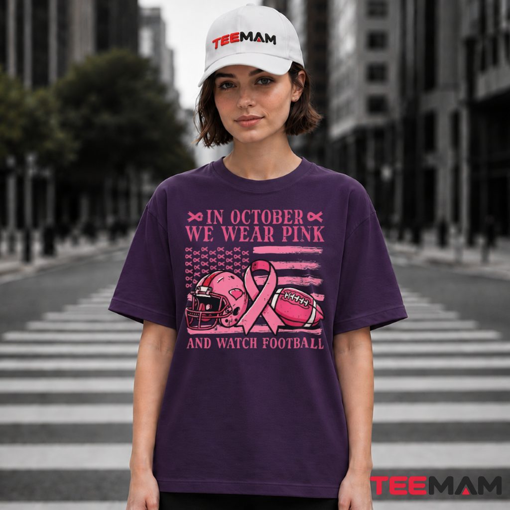 Football Helmet American Flag Wear Pink Awareness T-Shirt