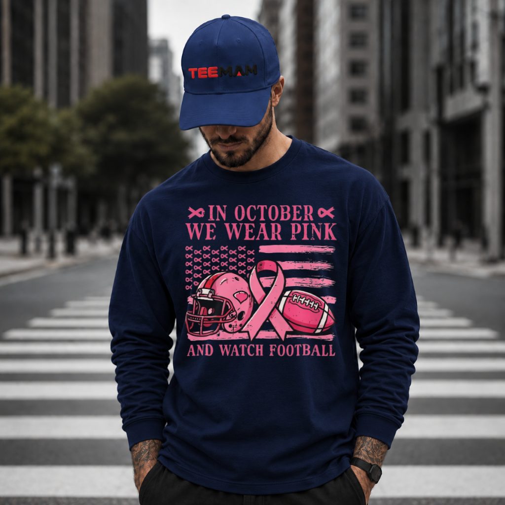 Football Helmet American Flag Wear Pink Awareness Long Sleeve Football Helmet American Flag Wear Pink Awareness Long Sleeve