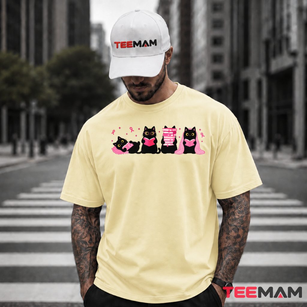Four Black Cats Reading Pink Ribbon Awareness T-Shirt