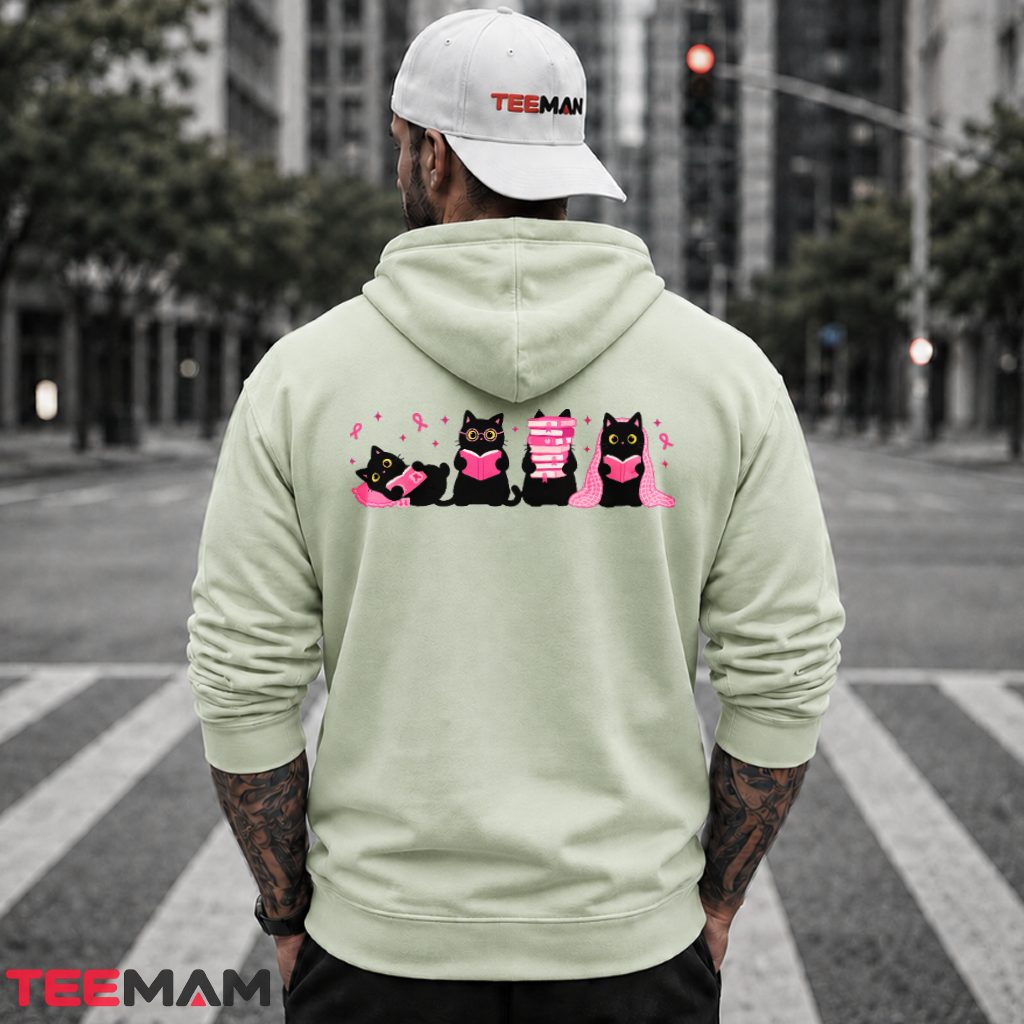 Four Black Cats Reading Pink Ribbon Awareness Hoodie Four Black Cats Reading Pink Ribbon Awareness Hoodie