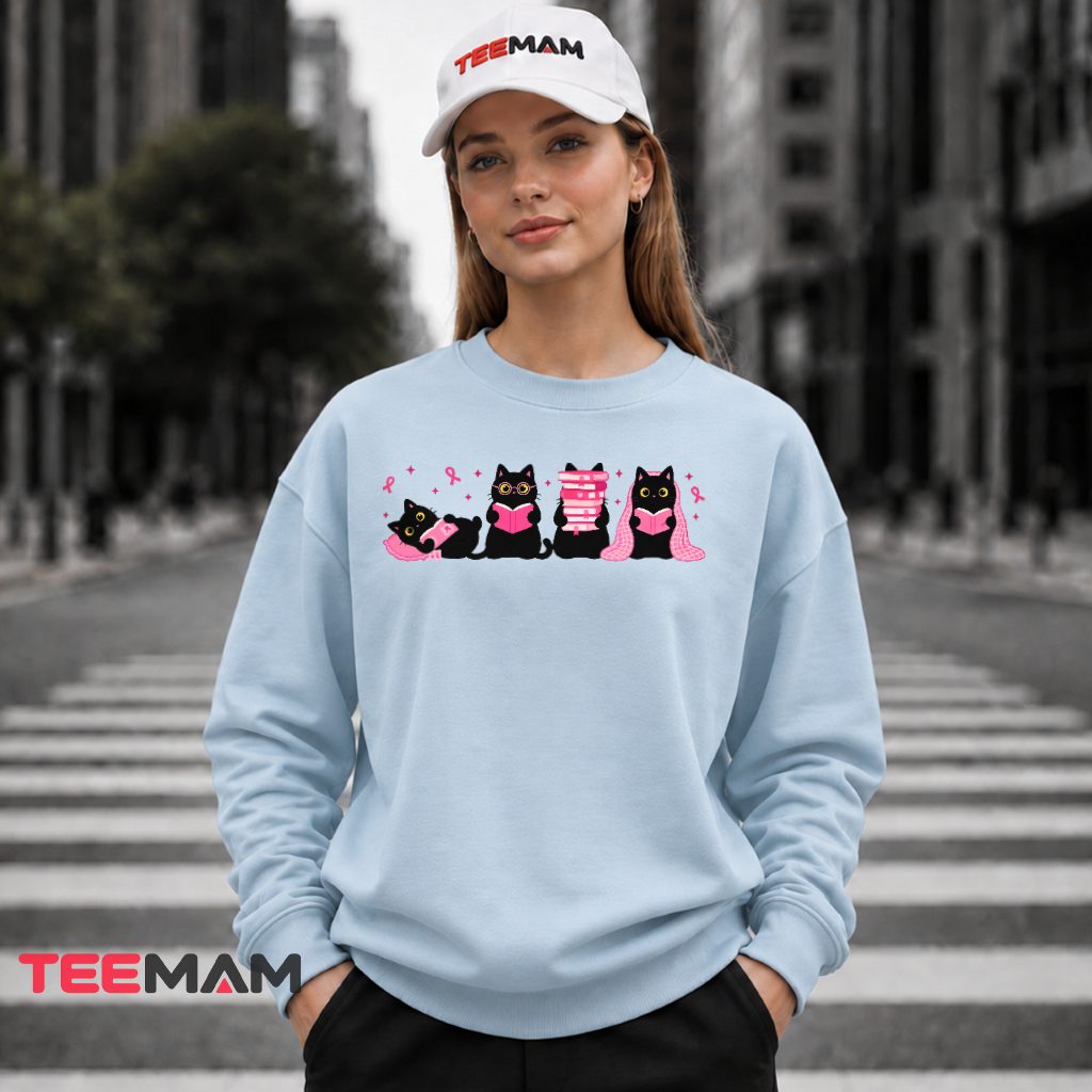 Four Black Cats Reading Pink Ribbon Awareness Long Sleeve Four Black Cats Reading Pink Ribbon Awareness Long Sleeve