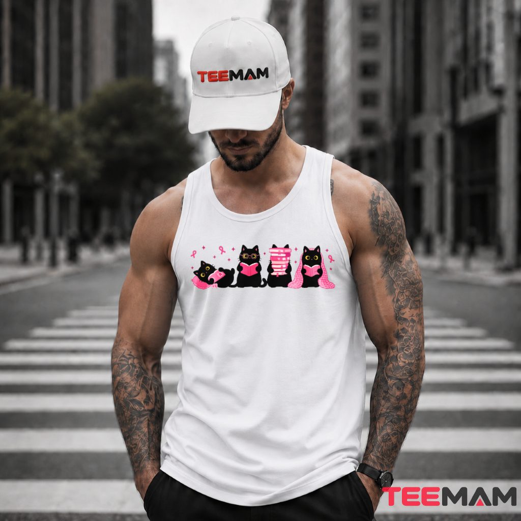 Four Black Cats Reading Pink Ribbon Awareness Tank Top Four Black Cats Reading Pink Ribbon Awareness Tank Top