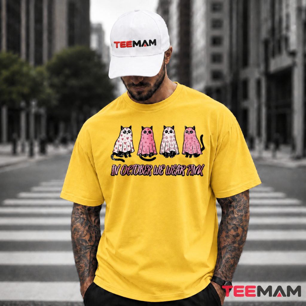 Four Cats Pink Ghost Costume Breast Cancer Awareness T-Shirt