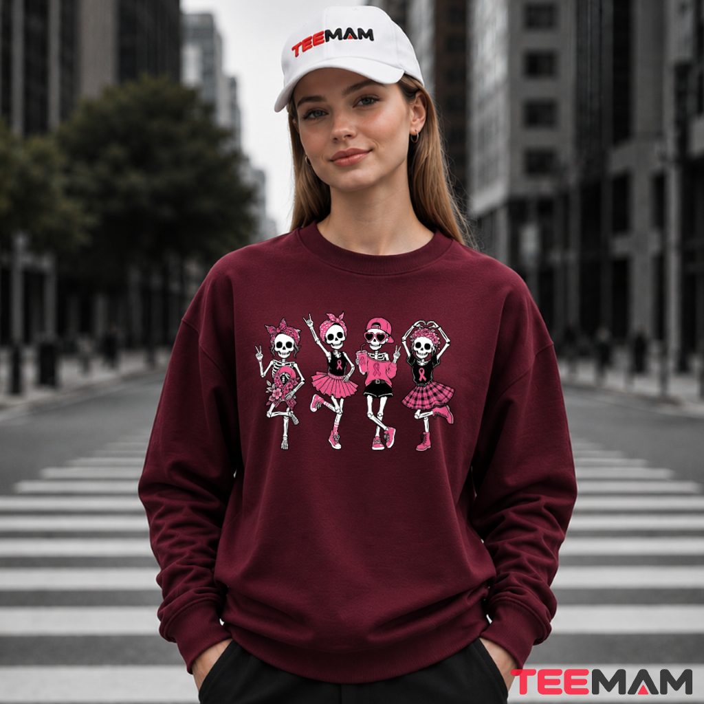Four Dancing Skeletons Pink Ribbon Awareness Long Sleeve Four Dancing Skeletons Pink Ribbon Awareness Long Sleeve