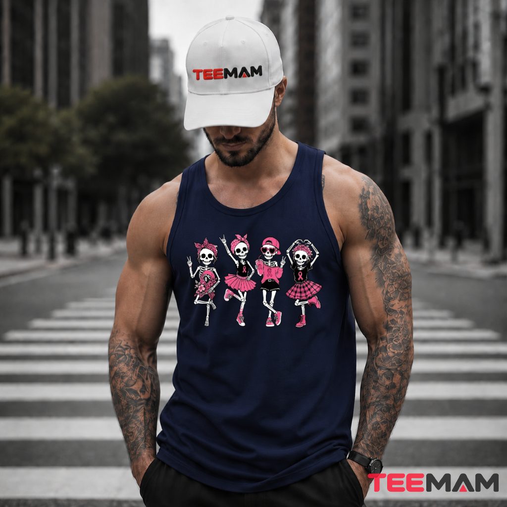 Four Dancing Skeletons Pink Ribbon Awareness Tank Top Four Dancing Skeletons Pink Ribbon Awareness Tank Top